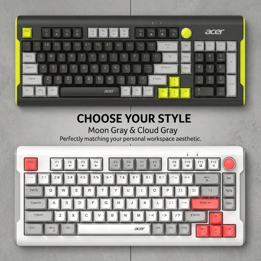 Acer OKW223（三模式）单键盘，有线+2.4G+蓝牙+可充电，无线键盘，静音办公键盘，女性平板电脑游戏便携键盘，小巧键盘，有线版单键盘 - 查看 1