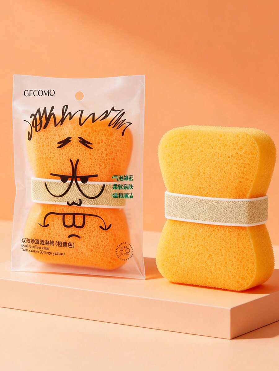 1pc Skin-Friendly High Elastic Polyurethane Sponge, Orange-Yellow Printed Pillow Shape With Elastic Band, Easy To Grip, Quick Lathering, Effective Cleansing Tool For Makeup Lovers And Daily Skincare - Orange - View 1