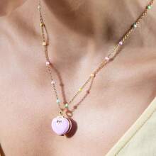 Y2K Colorful Beaded Openable Heart Locket Necklace, 18K Gold Plated Copper Enamel Pendant, Cute Dainty Commuter Jewelry For Women - 粉紅色星星戒指 - 查看 2