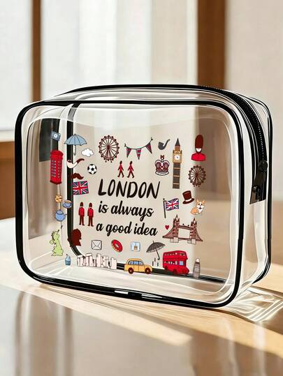 Túi đựng đồ du lịch bằng PVC trong suốt được in hình các địa danh và họa tiết của London. Có thể dùng làm túi đựng mỹ phẩm, túi đựng đồ vệ sinh cá nhân, túi đựng đồ vệ sinh cá nhân vuông có khóa kéo chống thấm nước, túi đựng đồ xách tay bằng PVC trong suốt hoặc hộp đựng mỹ phẩm dung tích lớn. Chiếc túi đựng mỹ phẩm/hộp bút chì/son môi trong suốt dễ thương này có móc treo.
