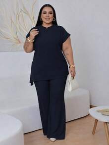 Women's Plus Size Elegant Asymmetrical Set In Premium Ribbed Anarruga Fabric, Short Sleeves, Wide-Leg Pants, Modern Look - Navy Blue - View 1