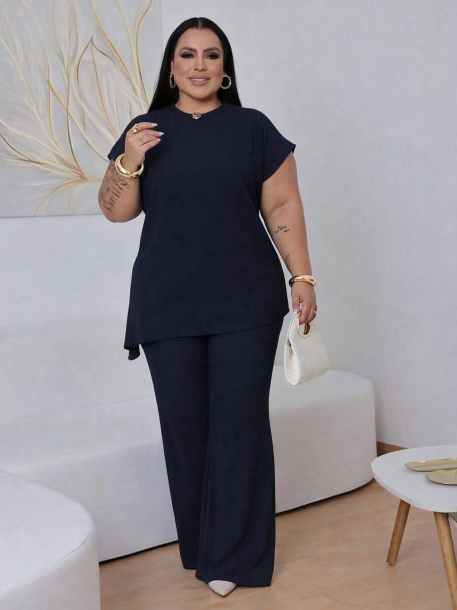 Women's Plus Size Elegant Asymmetrical Set In Premium Ribbed Anarruga Fabric, Short Sleeves, Wide-Leg Pants, Modern Look - Navy Blue - View 1