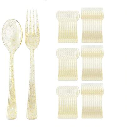 一套金色粉末餐具，包含叉子和勺子，适用于下午茶、甜点、咖啡、派对、婚礼、宴会、民宿、餐厅等场合。高品质、厚实、耐用、时尚的餐具，适合日常用餐、下午茶、野餐、派对、送礼等场合。