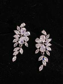 小众设计奢华时尚耳环，高端闪亮锆石叶形优雅耳环 - 銀色 - 查看 5