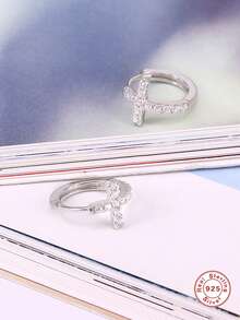 1 Đôi bông tai vòng nhỏ nhắn, thanh lịch bằng bạc sterling 925 mạ vàng 18K/bạc đính đá CZ hình thánh giá, không gây dị ứng, ít gây kích ứng, thích hợp làm quà tặng cho phụ nữ và bé gái, đeo hàng ngày, dự tiệc hoặc đám cưới. - Bạc - Xem 3