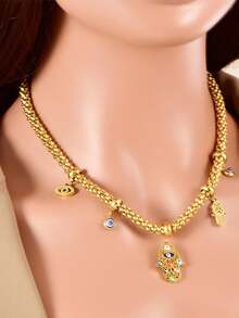 1 chiếc dây chuyền mặt hình mắt và lòng bàn tay bằng thép không gỉ, thích hợp cho nữ giới đeo hàng ngày. - Vàng - Xem 1