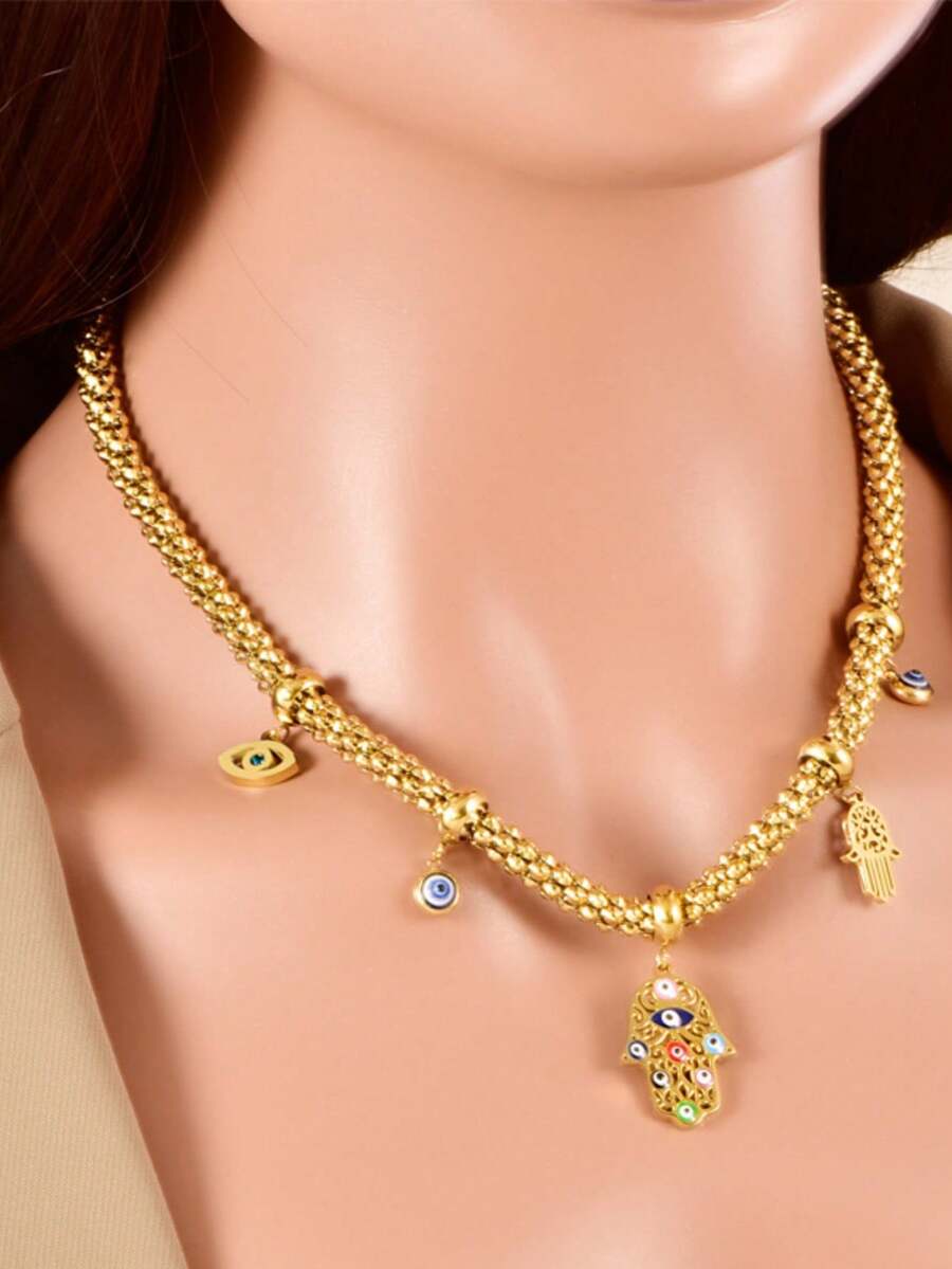 1 chiếc dây chuyền mặt hình mắt và lòng bàn tay bằng thép không gỉ, thích hợp cho nữ giới đeo hàng ngày. - Vàng - Xem 1