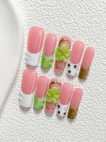 10件套春日花园风手工美甲套装，包含压花美甲贴纸、绿色钻石美甲配件、手工五瓣花美甲装饰、绿金配色指甲油，清新优雅风格，内含美甲工具（1张果冻贴纸+1把指甲锉），三种尺寸可选：杏仁形、鸭嘴形、棺材形，适合派对、日常佩戴、拍照、春夏通勤等场合。 - 彩色 - 查看 4