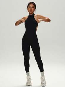 1pc Women's Jumpsuit, Spring/Summer Sports Bodysuit, One-Piece Outfit, Yoga/Fitness/Dance Wear, Removable Cup, Sexy Open Back, Shaping Waist & Abdomen, Soft & Comfortable Fabric, Suitable For Sports, Outdoor, Yoga, Gym, Dance, Casual, Home, Party & Holiday - Black - View 4