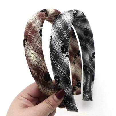 1pc Plaid Pattern Flower Flocked Fabric Versatile Wide Padded Headband, High-End Sponge HairBand, High Crown Pressure Hair Band Hair Accessory For Women Girls Daily Outdoor Wear, Weddings, Proms, Parties, Holiday Decor