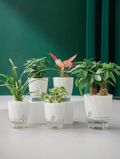 Self-Watering Planter Pots Set Of 3 - Transparent Plastic, Striped Design, Indoor/Outdoor Use, Round Shape With Easy Water Supply System,Easy Plant Care For Hassle-Free Gardening
