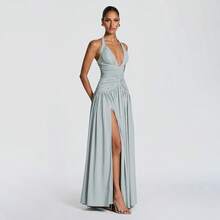 Women's Sexy Halter Neck Knitted Long Dress With Thigh Slit Elegant Formal Prom Gown With Ruched Details - 淺灰色 - 查看 5