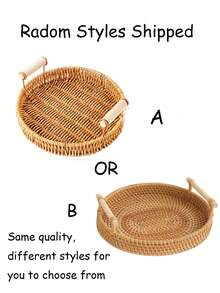 VPY Round Rattan Tray, Handwoven With Natural Rattan, Dual Wooden Handles Design, Suitable For Living Room Coffee Table Storage, Bedroom Nightstand, Kitchen Fruit Display, Maintenance-Free And Durable, Adds Natural And Warm Ambiance To Home Decor, Practical Soft Furnishing Accessory - Mocha Brown-with Handle - View 10