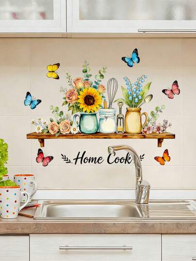 1 pezzo Adesivo da parete per utensili da cucina, in materiale vinilico rimovibile, tema di cucina con decorazione floreale di donne pioniere, include fiori e utensili da cucina, adatto per ristorante, decorazione parete di stanza da forno