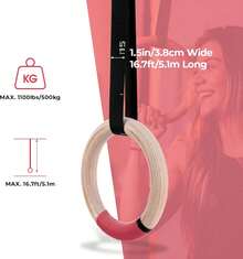 Wooden Gymnastic Rings With Straps Gym Rings Crossfit Gymnastics 28mm / 32mm - 粉色 - 查看 3