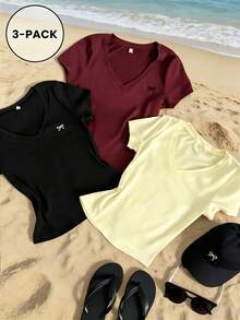 3pcs/Set Summer New Minimalist Bow Print V-Neck Short Sleeve T-Shirt, Casual Daily Fashion Versatile Tops For Women - Yellow and Black and Burgundy - View 1