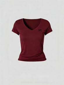 3pcs/Set Summer New Minimalist Bow Print V-Neck Short Sleeve T-Shirt, Casual Daily Fashion Versatile Tops For Women - Yellow and Black and Burgundy - View 9