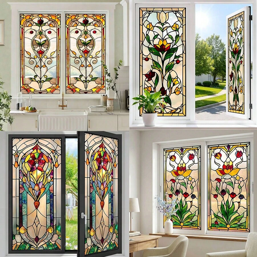 1/4pcs Bohemian Style Static Cling Colored Glass Film, Retro Floral Tulip Pattern, Suitable For Bathroom, Living Room, Removable Decorative Glass Sticker