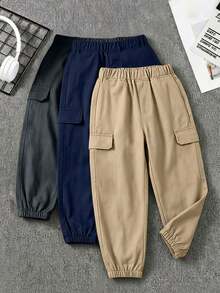3pcs Tween Boys Casual Minimalist Faux Pocket Outdoor Sports Drawstring Cargo Pants - Multicolor - View 8