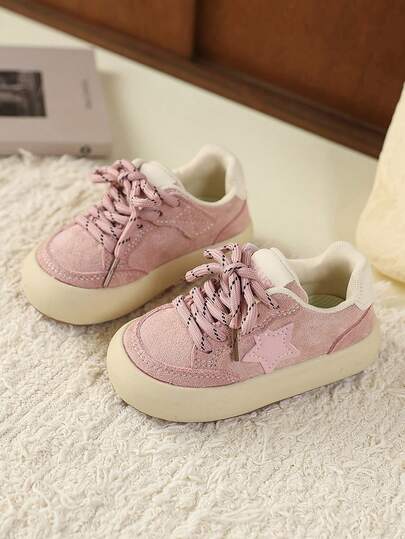 1 Pair 2026 New Fashion Pink Children's Five-Pointed Star Sports Shoes, Lace-Up, Suitable For Outdoor Sports, Running, Travel, Daily Matching, Unisex Kids