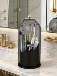 Toothbrush Holders With Sliding Lid, Rotating 3 Slots Bathroom Organizer Countertop, Tooth Brush Toothpaste Holder Bathroom Counter Stand Sink Organizer Caddy For Vanity Makeup Brushes Holder - 透明綠色旋轉牙刷架 - 查看 2