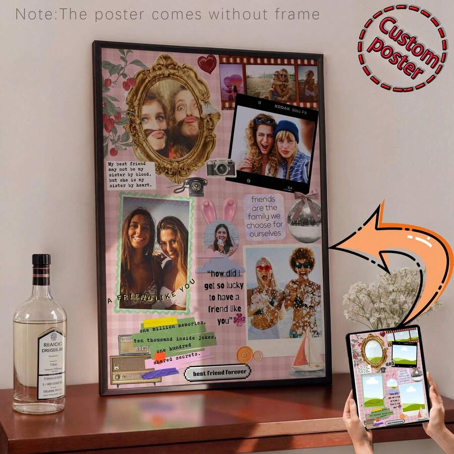 1pc "Best Friend" Matchbox Postcard Collage Custom Poster, The Photo Of The Sisters Together Personalized Animal-Themed Gift Custom Wall Art, Editable Template, Customizable Friendship Photos, Customizable Items