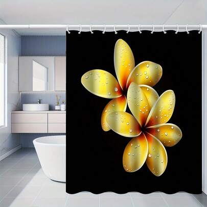 1/2 Set Gold Orchid Shower Curtain Set (Includes Bath Mat, U-Shaped Toilet Seat Cover + 12 Hooks) - Moist Yellow Orchid Tropical Floral Bathroom Decor, Shower Curtain Size 70.87 X 70.87 Inches, Complete Bathroom Accessory Set