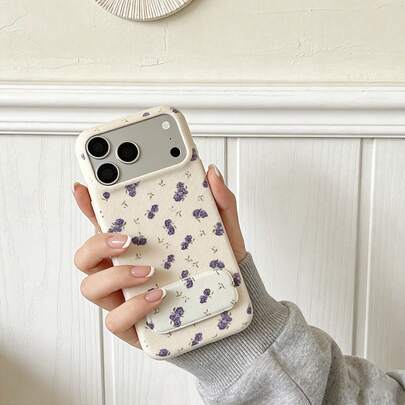 Ốp điện thoại bằng da họa tiết hoa oải hương trang nhã, có gương soi và chân đế, màu be, chống sốc, mềm mại với gương soi ẩn, ốp bảo vệ chống rơi vỡ họa tiết hoa cổ điển thẩm mỹ cho iPhone 17 16 15 14 13 Pro Max.