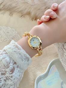 1 buah Gelang Persegi Emas untuk Wanita, Jam Tangan Quartz, Indah, Ringkas dan Modis, Cocok untuk Pemakaian Sehari-hari, Hadiah Ulang Tahun/Wisuda, Kasual - Emas - View 7