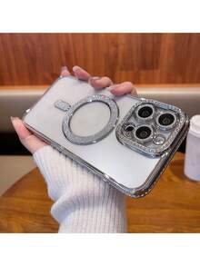 2025 高级闪亮水钻手机壳，适用于 17 Air 16 15 14 13 12 11 Pro Max Plus，磁吸式透明镜头保护 - 銀色 - 查看 2