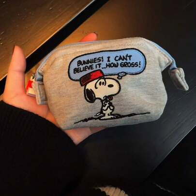 史努比迷你帆布拉链零钱包，便携式耳机口红收纳袋，复古日系小包