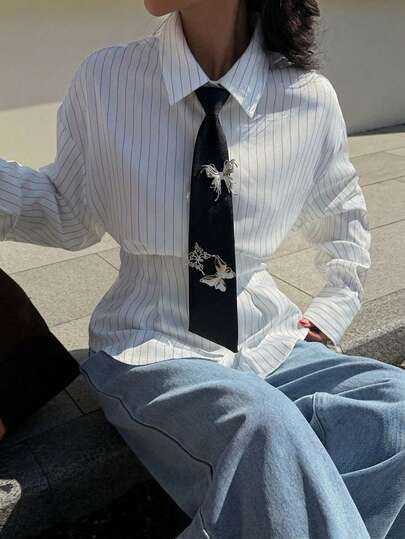 1pc Women's Fashion Casual Metal Butterfly Decor Adjustable Necktie, Suitable For Street, Party, Banquet, Personality Outfit