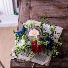 4th Of July Artificial Dahlia Mini Candle Ring Red White Blue Faux Flower Candle Holder Wreath For Party Fireplace Wedding Decor - Multicolor - View 3