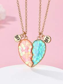 2pcs/Set Cute & Fashionable "Best Friends" Zinc Alloy Glitter Heart Necklace, Suitable For Daily Wear And Festivals - Multicolor - View 5