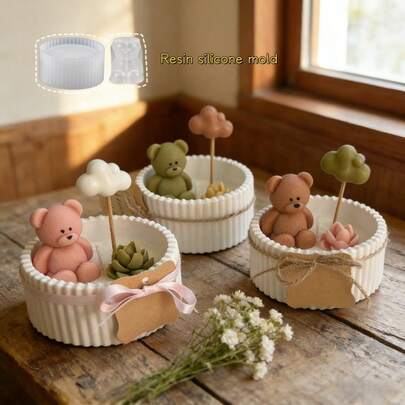 2pcs DIY Clay Mold Set - Striped Storage Box + Relaxed Bear Figurine Mold, Suitable For Making Resin, Gypsum, Candle, Aromatherapy, Home Decor, Wedding Decoration, Silicone Mold