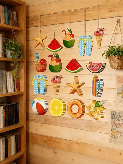 12pcs Summer Wooden Ocean Elements Hanging Decorations, Summer Party Decor, Hawaii Beach Birthday Party Wooden Slices (Integrated Starfish, Beach Ball, Surfboard, Flip-Flops, Ocean-Toned Elements), Suitable For Summer Beach House Decor, Beach Party And Patio Dining, Hawaii Themed Party Supplies