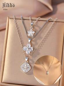 Hihho Bộ 3 chiếc dây chuyền xương đòn đính đá Zirconia tinh tế, kiểu dáng ngôi sao/cỏ ba lá/hình thoi, phù hợp cho nữ giới đeo hàng ngày. Giá cả phải chăng và phù hợp cho sinh viên. - chuỗi xương đòn - Xem 1