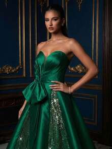女士无袖梭织正式礼服，饰有撞色亮片滚边和喇叭形下摆，适合婚礼穿着 - 墨綠色 - 查看 1