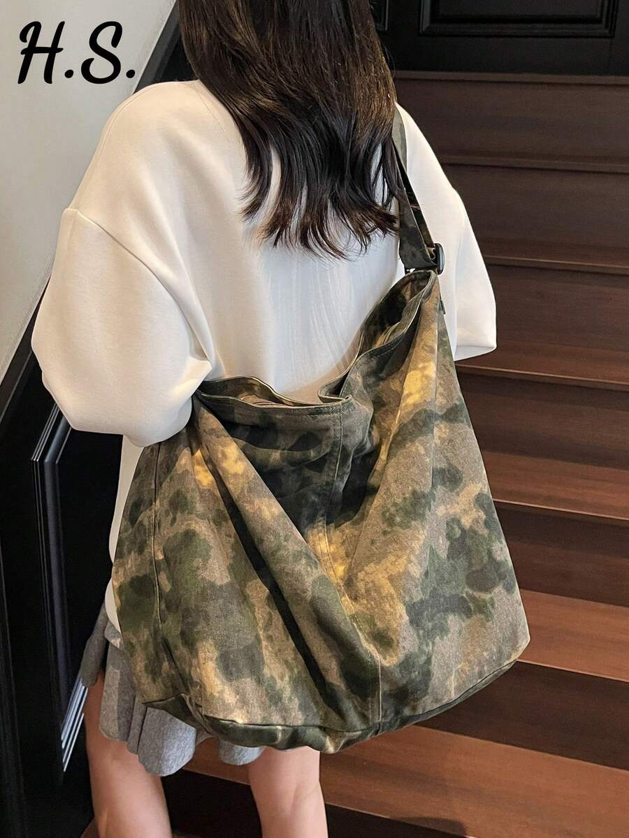 大容量水洗复古迷彩帆布单肩包，简约休闲百搭拉链斜挎包，适合日常使用、上学、短途旅行、街头风格，可折叠拼接慵懒户外露营信使包 - 軍綠色 - 查看 1