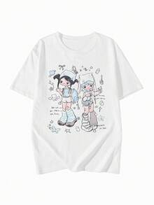 Áo thun ngắn tay in hình anime dáng rộng thoải mái, màu trắng đa năng. - trắng - Xem 4