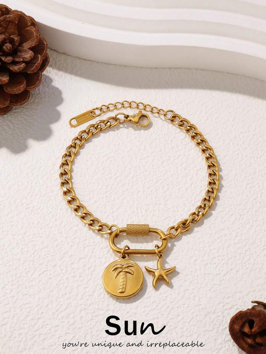 1件装不锈钢椰子海星吊坠手链，女士时尚多元素扣环链手链饰品 - 手鍊 - 查看 1