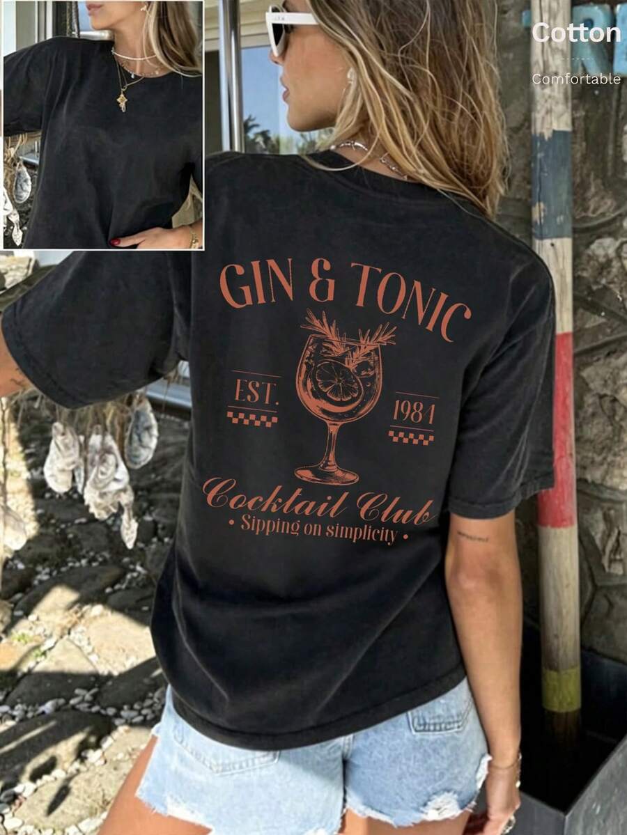 Cute Sexy Women's Cocktail Club Print T-Shirt, Drop Shoulder Short Sleeve Round Neck, Long Length Washed Black Casual Top, Outdoor Y2K Street Style - Black - View 1