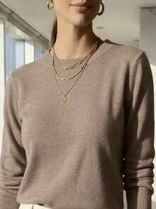 WOMEN'S LONG SLEEVE KNITTING BLOUSE WINTER BASIC ROUND NECK SWEATSHIRT - nude escuro - 查看 1