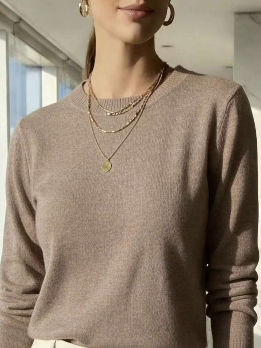 WOMEN'S LONG SLEEVE KNITTING BLOUSE WINTER BASIC ROUND NECK SWEATSHIRT - nude escuro - 查看 1