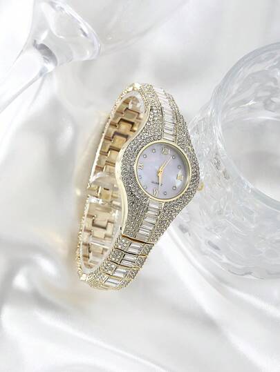 女士闪亮手镯腕表，全水钻石英腕表，珍珠母贝表盘，金/银/玫瑰金奢华女士腕表