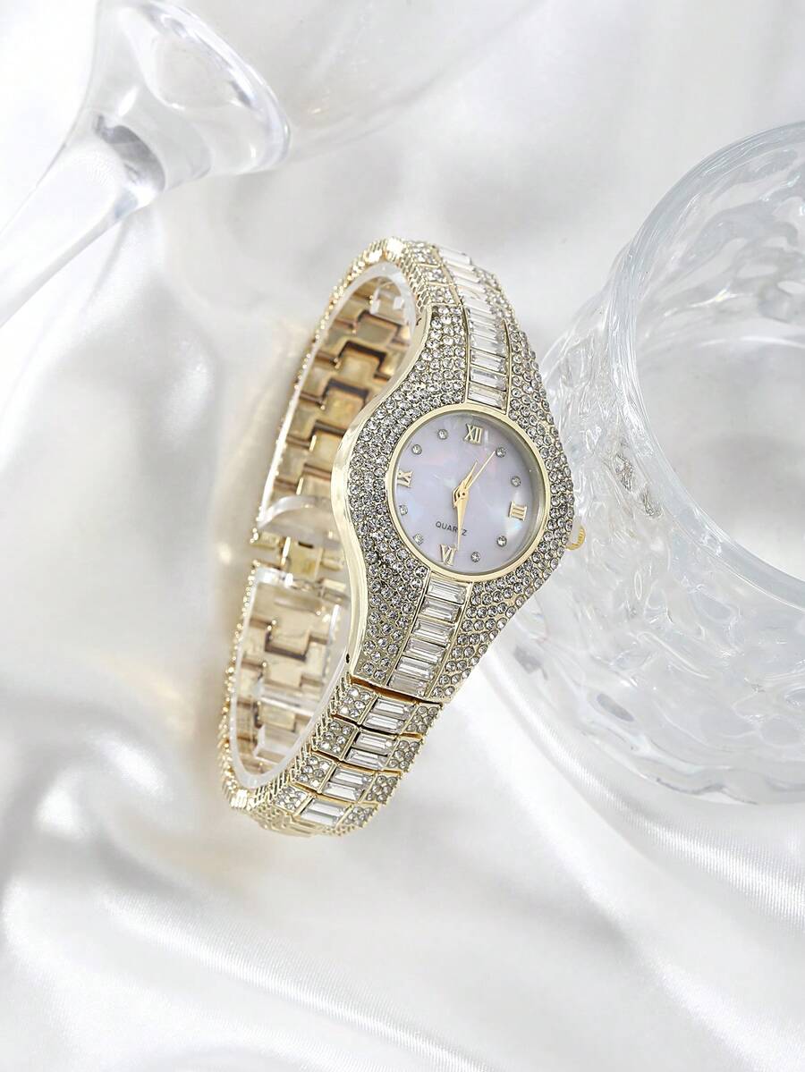 女士闪亮手镯腕表，全水钻石英腕表，珍珠母贝表盘，金/银/玫瑰金奢华女士腕表 - 金色 - 查看 1