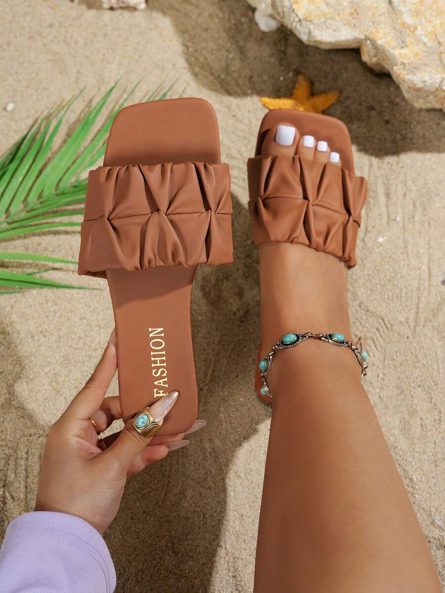 Women's Wide Width Ruched Strap Flat Sandals, Fashionable Square Toe Summer Slides, Comfortable Casual Open Toe Shoes - Brown - View 1