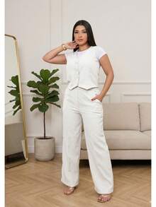 Women's Tailored Set: Vest And Wide-Leg Pants. Elegant, Casual, Chic, Modern, Conservative/Modest. Party/Fabric. Buttons Down The Front. Gathered Waist. Women's Formal Set. Office/Baby Shower/Formal And Evening. Holidays/Home/Summer, Spring And Autumn. - 白色 - 查看 2