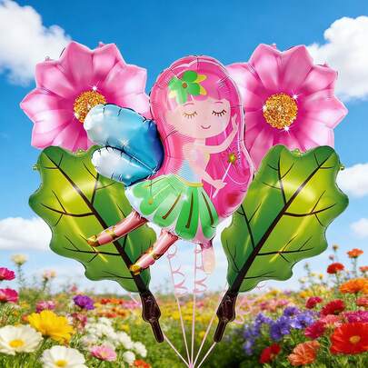 一套梦幻仙子主题生日气球装饰套装，包含仙子造型气球、彩色花朵气球和树叶装饰气球，适合作为送给儿子/女儿的生日礼物、仙子主题生日派对、亲子童话庆典、公主风儿童房装饰、女孩生日拍照背景、幼儿园童话氛围、家庭生日摄影等等，轻松打造梦幻般的仙子主题生日氛围。