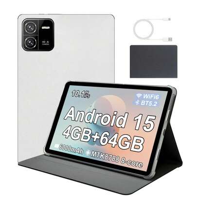 Qetupa 10.1英寸安卓15平板电脑，MTK8788八核2.0GHz处理器，4GB RAM + 64GB ROM（支持1TB扩展），高清(1280x800) IPS触控屏，500万像素前置摄像头和1300万像素后置摄像头，6000mAh电池，支持802.11ax Wi-Fi 6、蓝牙5.2、GPS，Type-C充电接口，不支持SIM卡